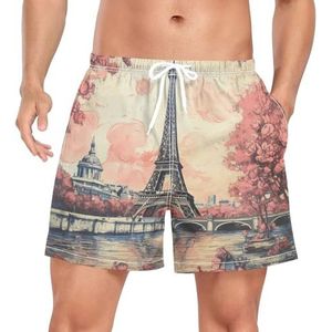 Wzzzsun Art Vintage Paris Eiffeltoren zwembroek voor heren, boardshorts, sneldrogende kofferbak met zakken, Leuke mode, S