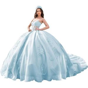 Fuomomo Quinceanera Prinsessenjurk met ruches en staart Quinceanera jurk van tule met parels schattige jurk 16 MT052, Lichtblauw, 30 NL