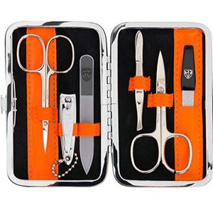 DREI SCHWERTER - Germany 6-delige manicureset 'Genova' | Manicure nagelset in kunstlederen etui oranje | Inhoud: nagelschaar, huidschaar, nagelknipper, glazen nagelvijl, pincet, saffier nagelvijl