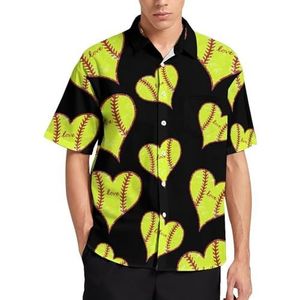 Love Softball Distressed Heart Zomer Heren Shirts Casual Korte Mouw Button Down Blouse Strand Top met Pocket 4XL