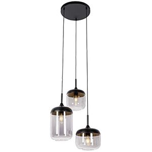 QAZQA - Design Hanglamp zwart met goud en smoke glas 3-lichts rond - Kyan | Woonkamer | Slaapkamer | Keuken - Glas Rond - E27 Geschikt voor LED - Max. 3 x 40 Watt