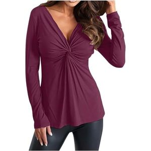 CupitiDU Dames V-hals geknoopte blouse shirt, elegant casual t-shirt effen kleur pullover tops, trendy diepe V-hals lange mouw tunieken blouses, bloemen vloeiende partij pullover tops, 02-hot Roze, XL