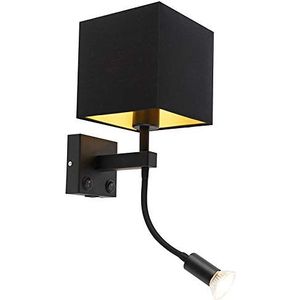 QAZQA - Moderne wandlamp zwart met USB en vierkante zwarte kap - Zeno | Woonkamer | Slaapkamer - Staal Vierkant |Kubus - E27 Geschikt voor LED - Max. 1 x 40 Watt