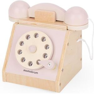 Mamabrum, retro houten telefoon - pastelroze, beweegbare wijzerplaat, pastelkleuren, oortelefoon aangesloten op de telefoon, voor kinderen vanaf 3 jaar