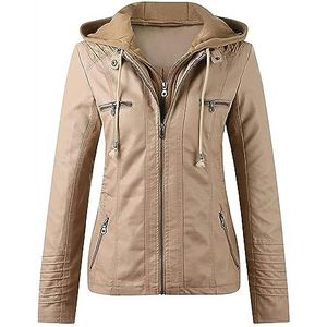 Leren Jas Kunstleren Jas Dames Herfst Winter Motorjas Bomberjack Bikerjack Casual Damesjack Met Capuchon Mode Korte Topjas Lederen jas Jas van synthetisch leer (Color : Khaki, Size : XXL)