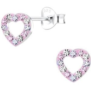 Zilveren oorstekers, roze hart met gekleurde kristallen in paars en roze tinten