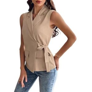 LoprNsdgt Dames Zomer Casual Pak Vesten Revers Veter Tuniek Zakelijk Werk Gilet Vest,Khaki,L