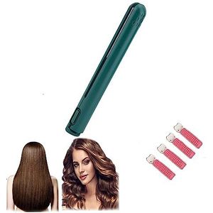 Reiskrultang Mini, met 4 stuks volumegevende haarclips Dual-Purpose krultang, stijltang en krultang 2 in 1, kleine krultang, draadloze krultang(Green)