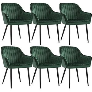 SONGMICS Eetkamerstoel, set van 6, fauteuil, loungestoel, met armleuning, bekleding van fluweel, zitbreedte 49 cm, belastbaar tot 110 kg, metalen poten, voor de eetkamer, groen-zwart LDC087C01-6