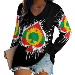 Oromo Liberation Front Flag Spades Ace Poker vrouwen Casual Lange Mouw T-shirts V-hals Gedrukt Grafische Blouses Tee Tops 2XL