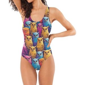 Klassieke Een Stuk Badpakken Voor Vrouwen Uil Blauw Geel Pastel U-vormige Rug Buikcontrole, Uil Blauw Geel Pastel, S