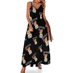 Corgi Butts Maxi-jurk voor dames, V-hals, casual, mouwloos, verstelbare bandjes, sexy lange jurk