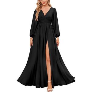 KURFACE Bruidsmeisjesjurken met lange mouwen en split geplooide chiffon formele jurk met mouwen formele jurk, Zwart, 32