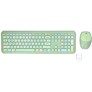 Draadloze Toetsenbord- en Muisset, Toetsenbordmuis Combo-gamingmuis en -toetsenbord 2.4G Retro Multi Color Mute Cover Draadloze Toetsenbord- en Muisset voor Thuiskantoor(Groen gemengd)