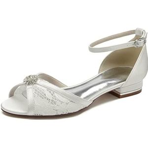 Dames Peep Toe Trouwschoenen voor Bruid Kant Ivoor Bruids Flats Enkelbandje Avond Prom Feestjurk Pumps,ivoor,36 EU