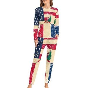 Amerikaanse en Dominicaanse Retro Vlag Zachte Dames Pyjama Lange Mouw Warm Fit Pyjama Loungewear Sets met Zakken 5XL
