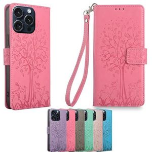 Telefoonhoesje voor Huawei P9, compatibel met Huawei P9, TPU shell + PU-leer, met levensboom voor vrouwen, SMSGK-roze
