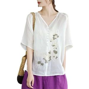 Dvbfufv Elegante V-hals knoop ruches borduurwerk blouses dames lente casual losse pullover shirt, Wit, XXL
