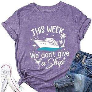 Deze week geven we geen schip vrouwen vakantie T-shirt schattig schip kokosnoot boom wijnglas grafische zomer vakantie T-shirts, Paars 2, S