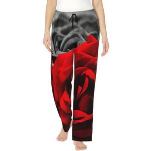 Zwart Wit En Rode Rozen Print Vrouwen Zachte Polyester Lounge Pyjama Broek - Losse Comfortabele Slaap Joggingbroek Met Zakken, Zwart, S