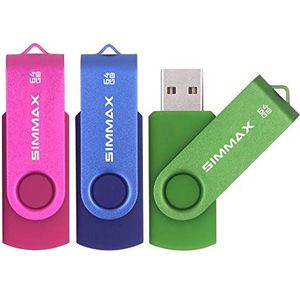 SIMMAX USB-sticks 3 stuks 64GB USB Flash Drive High Speed USB 2.0 Memory Stick, 64GB roteren - roze, blauw, groen