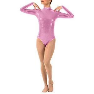 IMEKIS Bodysuit met lange mouwen voor dames, glanzend metallic gymnastiek turnpakje met rits aan de achterkant van het lichaam, jumpsuit met hoge hals, effen balletdanskleding, eendelig badpak,