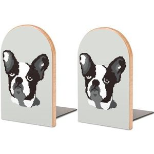 Franse Bulldog Portret Pixels Houten Boeksteunen Moderne Boekensteunen voor Planken Heavy Duty Boek Stopper Decoratieve Houder CD's Organizer 5 X 3 X 4 inch