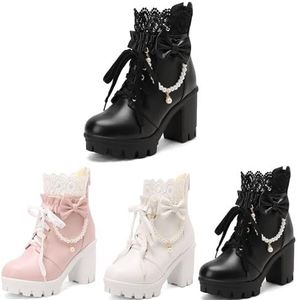 Japanse Enkellaarsjes Met Strikken Dames Veterlaarzen Met Parelketting Lolita Cosplay Ankle Boots PU Leren Laarsjes Met Blokhak 9 Cm Plateau Hoge Hakken For Feestjes(Black,43 EU)
