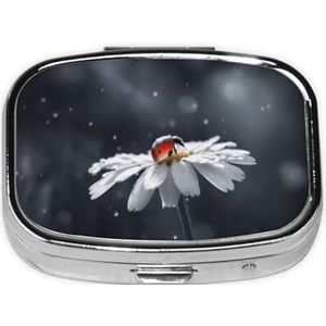 Stijlvolle vierkante pillenetui lieveheersbeestje op bloem metalen pillendoosje met 2 compartimenten medicijnpillenhouder, draagbare pillenorganizer, doseerdoos, kleine pillendoos voor op reis voor