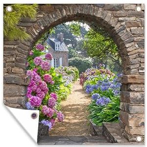 Tuinposter - 100x100 cm - Bloemen - Doorkijk - Hortensia - Zomer