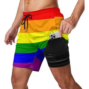 Regenboog LGBT Pride Flag Zwembroek voor heren, sneldrogend, 2-in-1 strandsportshorts met compressieliner en zak