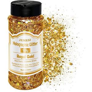 JEMESI 100g Face Glitter Chunky Glitters, Holografische Nail Glitter Zeemeermin Poedervlokken Glanzende Zeshoek Nail Art Pigment Stof Decoratie Manicure Lichaamshaar - Koninklijk goud