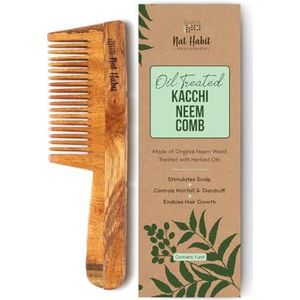 Nat Habit Kacchi Neem Houten kam - gedrenkt in 17 kruiden, neem en sesamolie voor meerdere acties - ontwarren, kroesbestrijding en glans, geschikt voor alle haartypes (fijne tand)