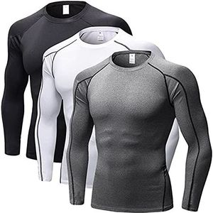 SANANG Atletische sneldrogende compressie-onderjas heren T-shirt met lange mouwen 3-pack (ZWART, GRIJS, WIT, Large)