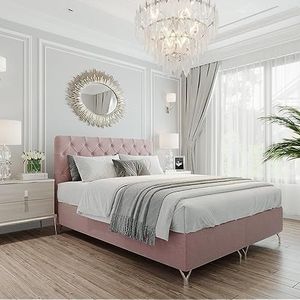 Boxspringbed GracePLUS 140x200 roze tweepersoonsbed met bonellmatras topper en bedkast glamour gestoffeerd bed met zilveren 12 cm poten modern slaapkamer vintage slaapkamerbed