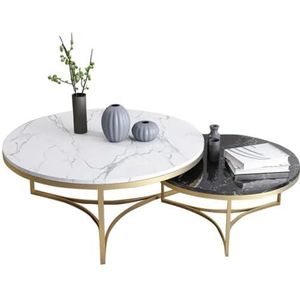 Salontafel Set van 2, Nest van tafels - Nesttafels Salontafel Marmeren Top en Metalen Poten Woonkamer Meubels Modern Design (Wit Groot en Zwart Klein) Nachtkastjes (Maat: 80x80x40cm+60x60