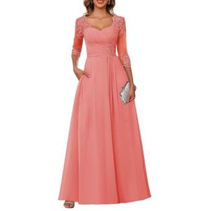 Dames chiffon moeder van de bruid jurk voor bruiloft ruches galajurken cocktailjurk plus size, Koraal, 32