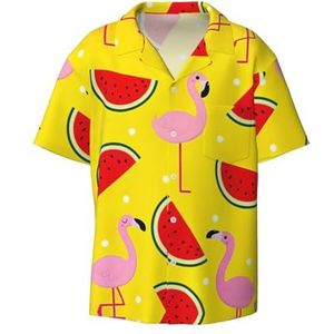 YJxoZH Roze Flamingo en Watermeloen Print Heren Jurk Shirts Casual Button Down Korte Mouw Zomer Strand Shirt Vakantie Shirts, Zwart, XXL