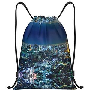 RVENU Tokyo City Gedrukt Trekkoord Rugzak Sport Gym tassen Waterdichte Vouwen Trip String Bag Thuis Reizen Opslag Gebruik, Zwart, Medium