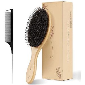 Haarborstel natuurlijke wilde zwijnharen borstels, ronde borstelset, antistatische bamboe stylingborstel, natuurlijke haarborstel met staartkam voor alle haartypes en lengte kamset voor mannen, vrouwen, kinderen
