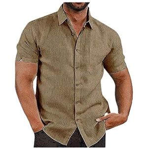 Herenoverhemd Katoen Linnen Korte Mouw Normale Pasvorm Casual Strandoverhemd Normale Pasvorm Zomeroverhemden Met Zak heren t-shirt(Brown,4XL)