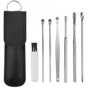 Earpick Oorreiniger van roestvrij staal, oorreinigingsgereedschap, oorwasverwijderaar, oorwasverwijderaar, oorwax-verwijderaar, met zwart lederen etui voor kinderen en volwassenen, 6 stuks