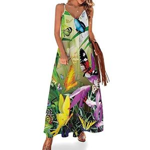 Kleurrijke vlinder dames zomer maxi-jurk V-hals mouwloze spaghettiband lange jurk