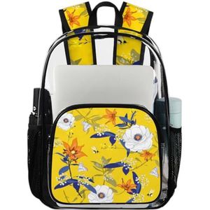 GeMeFv Gele bloem heldere rugzak, zware transparante rugzak met laptopvak voor vrouwen mannen werken reizen (lente bloemen), gele bloem, 17.7 H x 11.2 L x 6.2 W inches