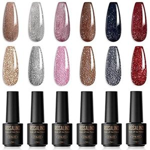 ROSALIND Uv-nagellak, 6 kleuren, mini-gelnagellak, uv-set kleurgel voor gelnagels, glitter, soak off nagellak, French manicure vrouwen, moeder, cadeauset, doe-het-zelf thuis