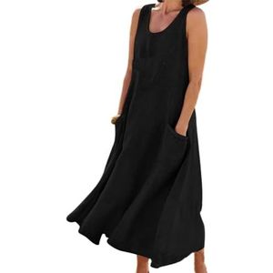 HHuiXinXue Mouwloze maxi-jurk voor dames, zomer, effen kleuren, linnen, lange jurk, modieus, vloeiende, etno-jurk met zakken, Zwart, XL