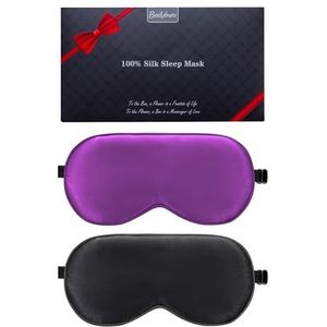 BeeVines Zijden slaapmasker, 2-pack 100% echt natuurlijk, puur zijden oogmasker met verstelbare riem, oogslaapmasker, voor zomerreizen Vermindert gezwollen ogen (11 Black & Purple)