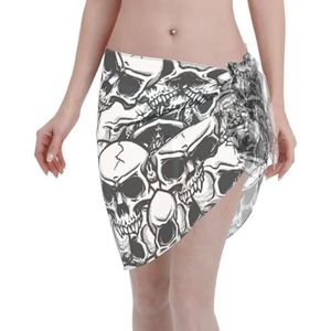 Schedels patroon print elegante strand wrap, bikini cover-up, badmode jurk, voor vrouwen, perfect voor zwembad en resort zwart, Zwart, one size