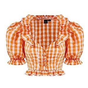 dames topjes Crop blouse met pofmouwen en gingham-ruit (Color : Orange, Size : X-Small)