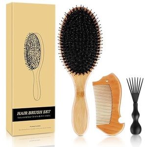 Haarborstel, natuurlijke wildzwijnharen, haarborstelset, voor dames en heren, bamboe paddle haarborstel geschikt voor alle haartypes en lengtes, inclusief houten kam